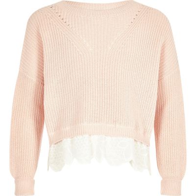 Girls pink lace hem knit jumper